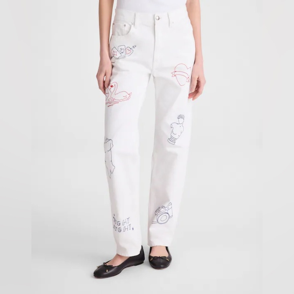 Madewell White Straight-Leg Jeans with Red & Navy Embroidery